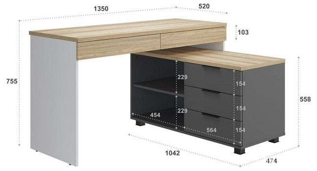 Стол письменный СкайЛайт (белый, графит, ячменный графит, ячменный  1350x1070x755)