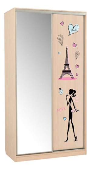 Шкаф-купе Рио 1-600 Амели (дуб млечный зеркальный, цветной рисунок Амели  1200x604x2305)