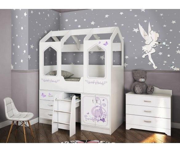 Кровать чердак Домик-Сказка с выдвижным столом 1632х2030х836 мм.