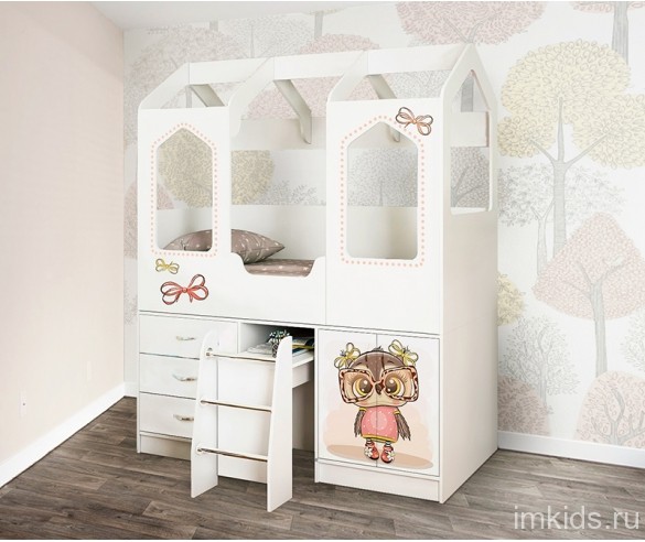 Кровать чердак Домик-Сказка с выдвижным столом 1632х2030х836 мм.