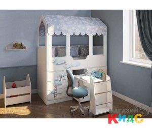 Кровать чердак Домик-Сказка с выдвижным столом 1632х2030х836 мм.