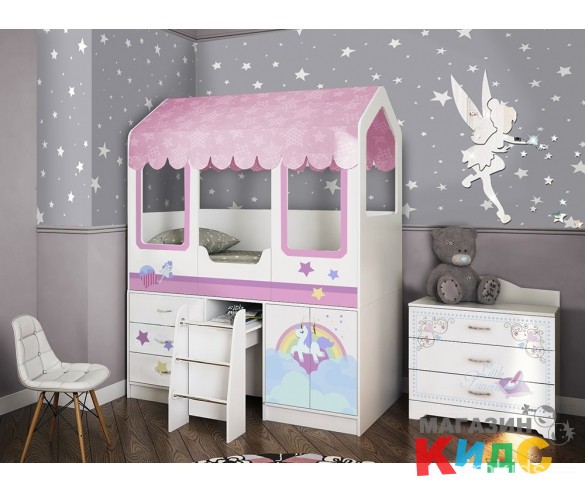 Кровать чердак Домик-Сказка с выдвижным столом 1632х2030х836 мм.