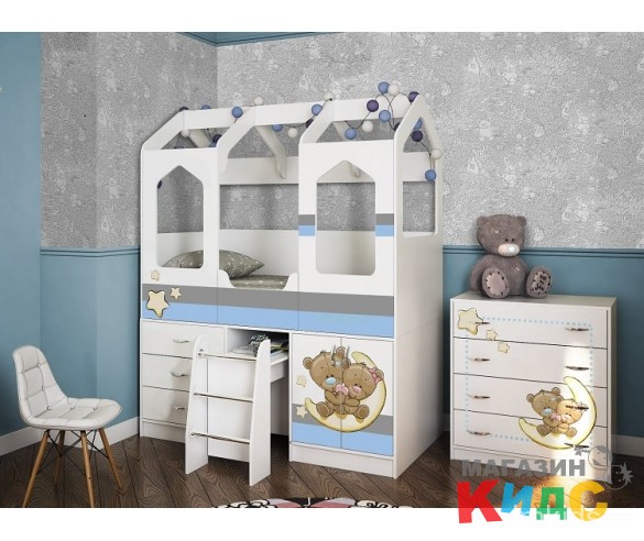 Кровать чердак Домик-Сказка с выдвижным столом 1632х2030х836 мм.
