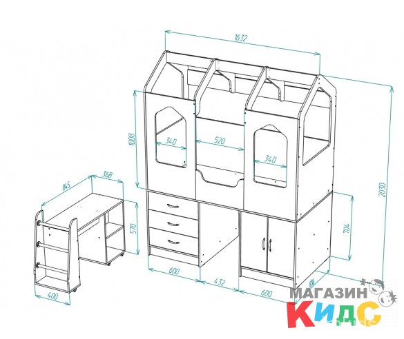 Кровать чердак Домик-Сказка с выдвижным столом 1632х2030х836 мм.