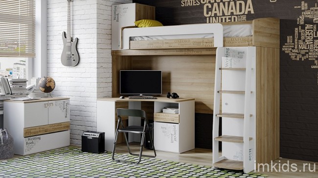 Кровать-чердак Оксфорд (белый с рисунком, ривьера белый с рисунком  2506x1237x2200)