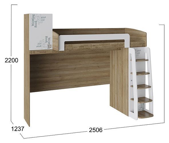 Кровать-чердак Оксфорд (белый с рисунком, ривьера белый с рисунком  2506x1237x2200)