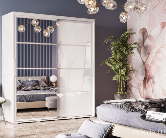 Шкаф-купе с зеркалом Крафт-6, ясень белый