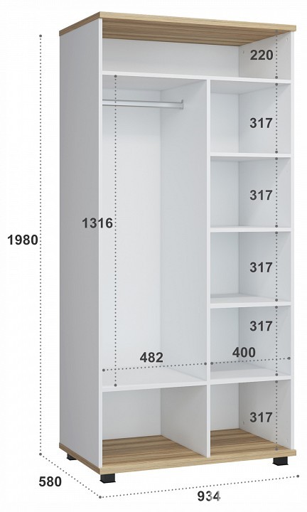 Шкаф платяной СкайЛайт СЛ-06К (белый, блэквуд ячменный меренга  934x580x1980)
