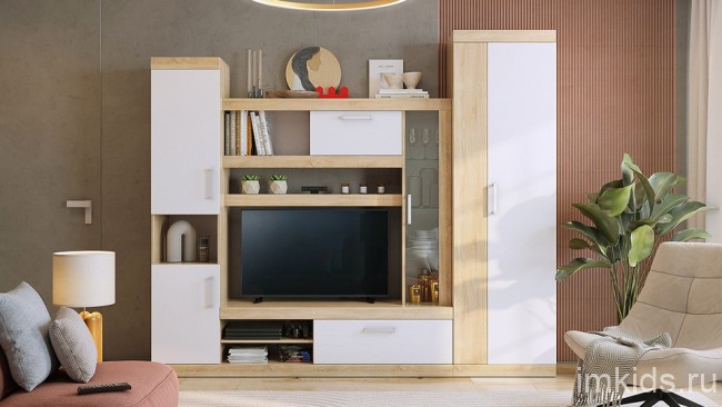 Стенка для гостиной Макси (дуб сомона белое дерево, дуб сонома, неокрашенный 1850x470x1870) Стенка для гостиной Макси (дуб сомона белое дерево, дуб сонома, неокрашенный 1850x470x1870)