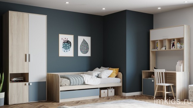 Шкаф платяной Элиот (вяз либерти светлый белый фасадный, вяз либерти светлый, маренго  934x586x2202)