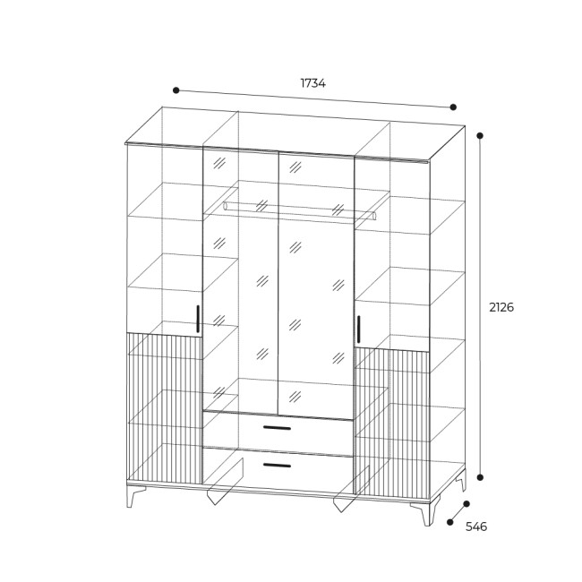 Шкаф 4-х дверный с ящиками и зеркалом Дюна