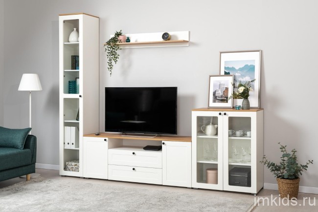 Шкаф-витрина 16.394.01 Остин Белый шагрень, Дуб Золотой