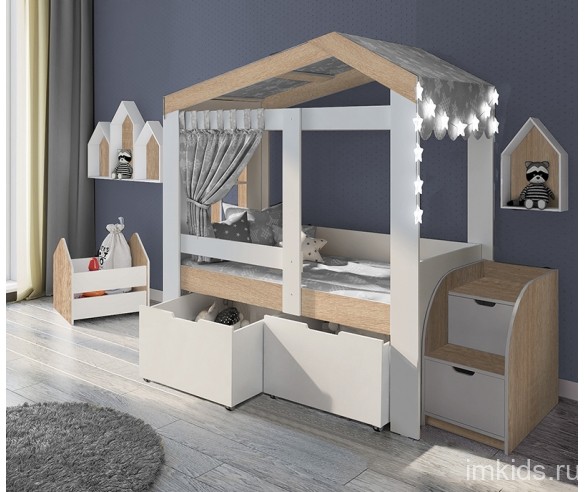 Кровать-домик Сказка с окошком и высокими ящиками
