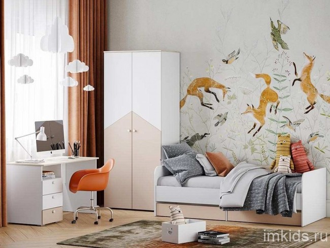 Шкаф платяной Банни НМ 041.42 (белый, дуб сонома белый, бисквит  902х584х2200)