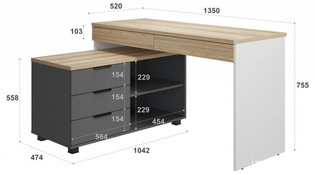 Стол письменный СкайЛайт СЛ-21К (белый, блэквуд ячменный, графит блэквуд ячменный, графит  1350x1070x755)
