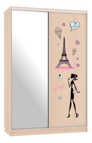 Шкаф-купе Гранд 1-600 Амели (дуб млечный зеркальный, цветной рисунок Амели  1500x604x2305)