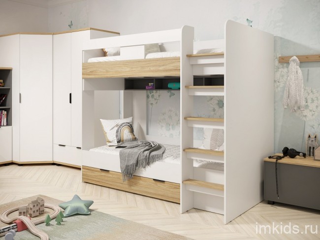 Кровать двухъярусная СкайЛайт СЛ-30К (белый, блэквуд ячменный, графит блэквуд ячменный  1143x2054x1735)