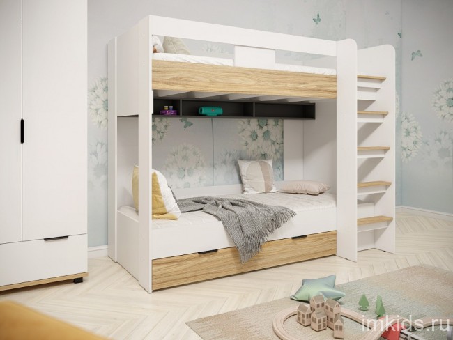 Кровать двухъярусная СкайЛайт СЛ-30К (белый, блэквуд ячменный, графит блэквуд ячменный  1143x2054x1735)