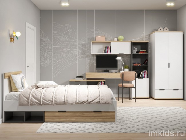 Кровать СкайЛайт СЛ-32К (белый, блэквуд ячменный, графит   948x2060x900)