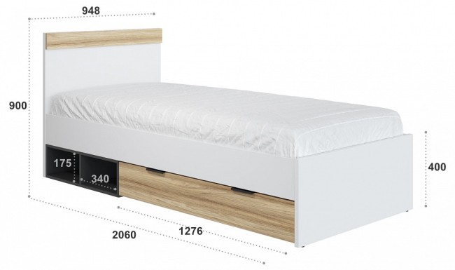 Кровать СкайЛайт СЛ-32К (белый, блэквуд ячменный, графит   948x2060x900)