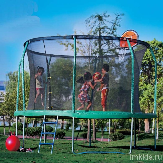 Батут с защитной сеткой "PERFETTO SPORT PREMIUM STRONG 14" диаметр 4,3 м зелёный