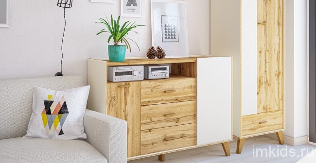 Тумба комбинированная Сканди МН-036-02 (белый, дуб вотан белый, дуб вотан  1340x400x940)