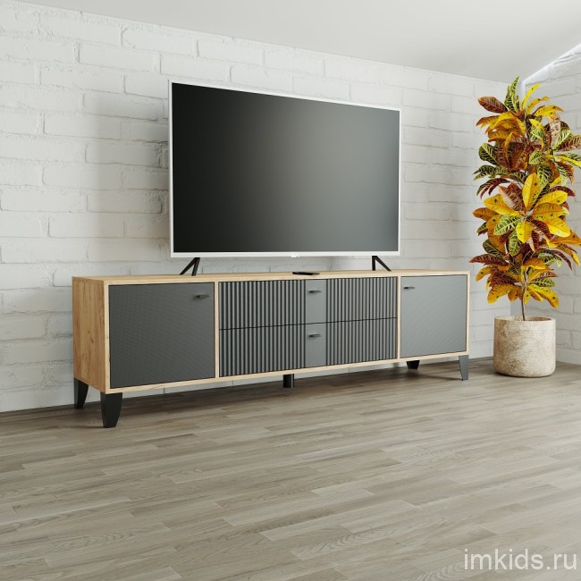 Тумба под телевизор Парус-10, дуб крафт золотой/карбон вулкан
