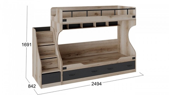 Кровать двухъярусная Окланд СМ-324.11.001 (дуб делано, черный дуб делано, черный  2514x842x1691)