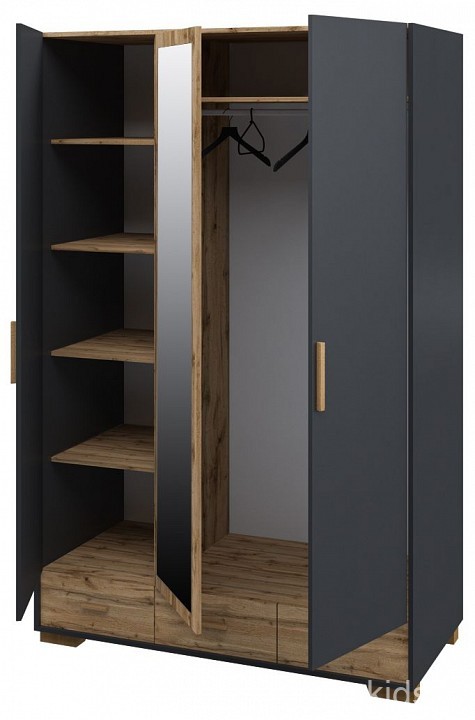 Шкаф платяной Сканди (графит, дуб вотан графит, дуб вотан, зеркальный  1420x610x2200)