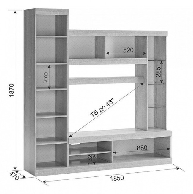 Стенка для гостиной Макси К1 (дуб сомона белое дерево, дуб сонома, неокрашенный  2450x470x2020)