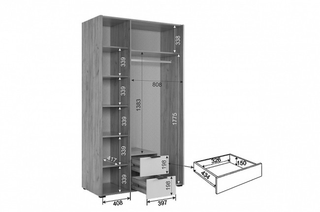 Шкаф платяной Адам (дуб крафт золотой белое дерево, зеркальный  1264x500x2170)